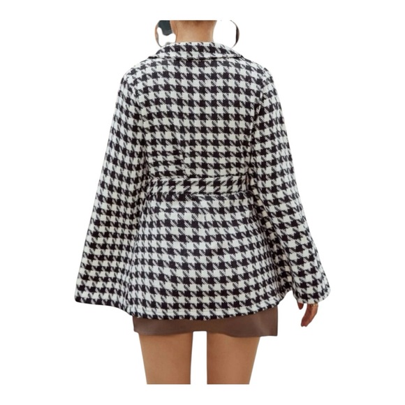 Shein Houndstooth Pattern Belted Tweed Cape Coat Size Small Elegant Fall Trendy - Picture 2 of 11